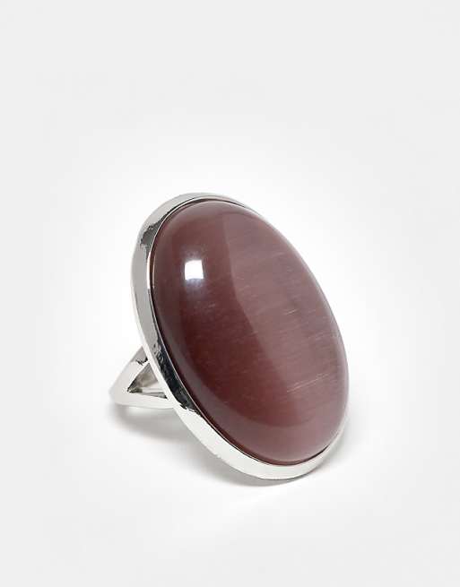 DESIGN stone-set ring with mauve cat-eye stone in silver tone