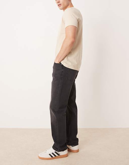 DESIGN Straight Fit Jeans With Rips In Black Wash
