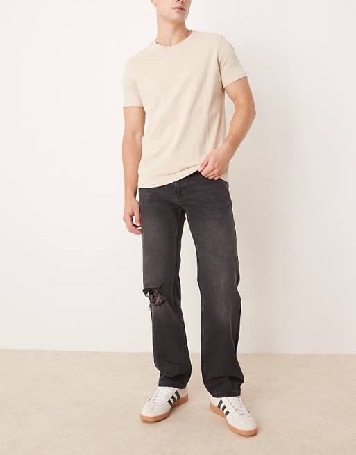 DESIGN straight fit jeans with rips in black wash