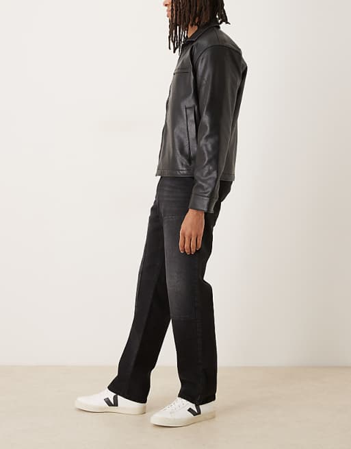 DESIGN Straight Jeans In Black Wash With Carpenter Details