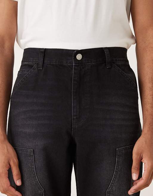 DESIGN Straight Jeans In Black Wash With Carpenter Details