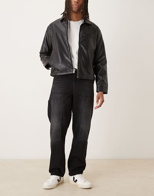 DESIGN straight jeans in black wash with carpenter details