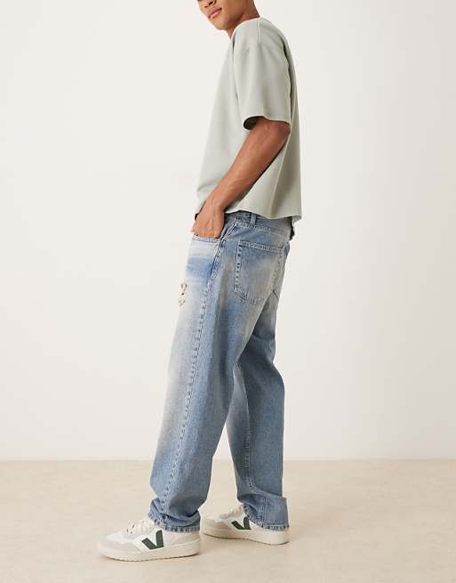 DESIGN Straight Jeans In Mid Wash Blue With Rips