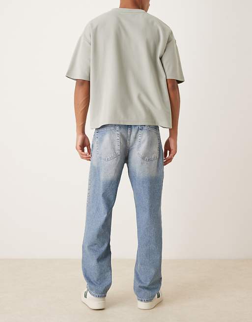 DESIGN Straight Jeans In Mid Wash Blue With Rips