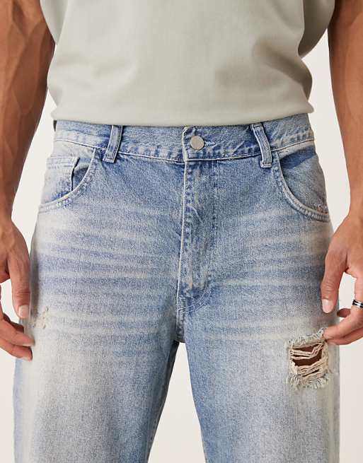 DESIGN Straight Jeans In Mid Wash Blue With Rips