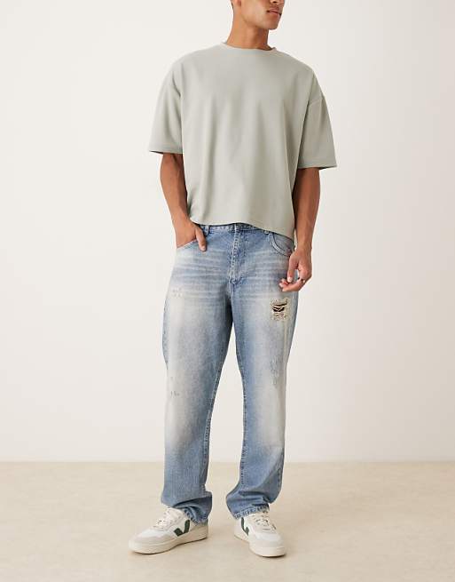 DESIGN straight jeans in mid wash blue with rips