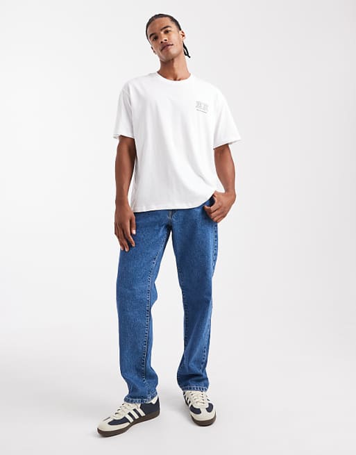 DESIGN straight jeans in mid wash blue
