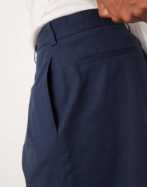 DESIGN Straight Leg Chino Short In Navy Linen Look