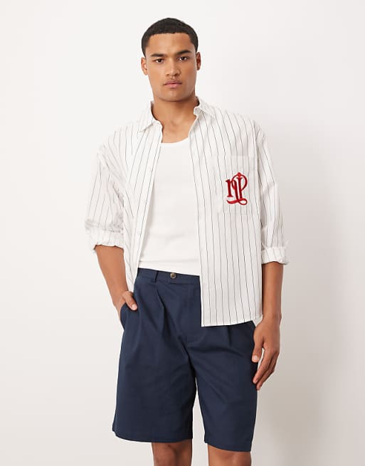 DESIGN Straight Leg Chino Short In Navy Linen Look