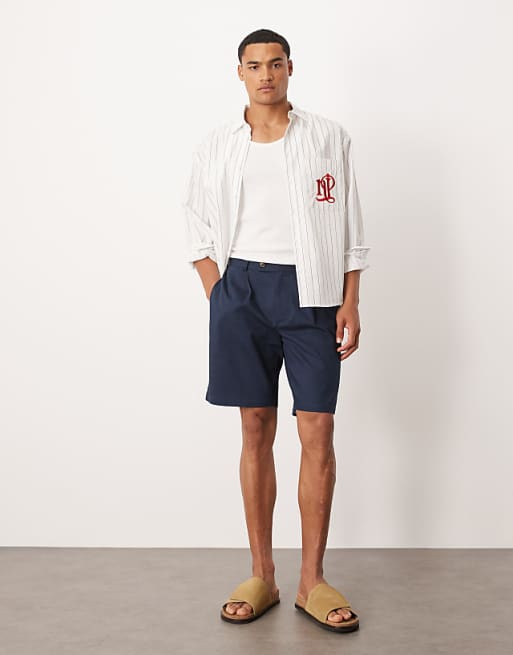 DESIGN straight leg chino short in navy linen look