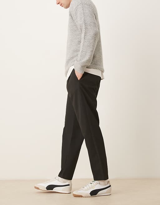 DESIGN Straight Leg Cropped Trouser With Half Elasticated Waistband In Black