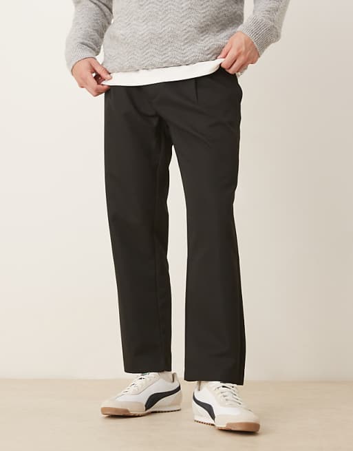 DESIGN straight leg cropped trouser with half elasticated waistband in black