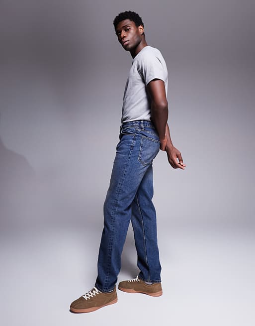 DESIGN Straight Leg Jeans With Vintage Tint In Dark Wash Blue