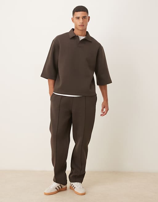 DESIGN Straight Leg Joggers With Pin Tucks In Brown