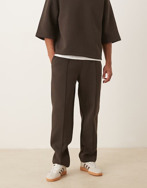 DESIGN straight leg joggers with pin tucks in brown