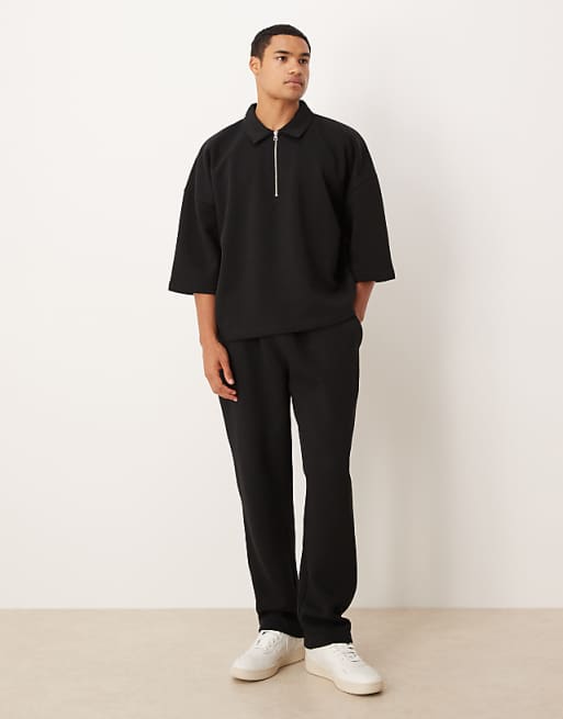 DESIGN straight leg joggers with pleat details in black