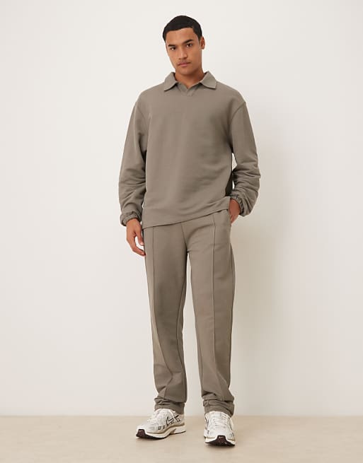 DESIGN Straight Leg Pique Joggers With Pin Tucks In Khaki