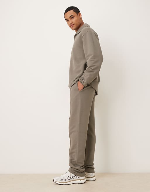 DESIGN Straight Leg Pique Joggers With Pin Tucks In Khaki