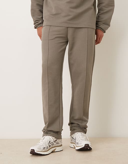 DESIGN straight leg pique joggers with pin tucks in khaki