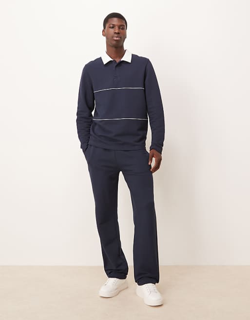 DESIGN Straight Leg Pique Joggers With Side Piping In Navy