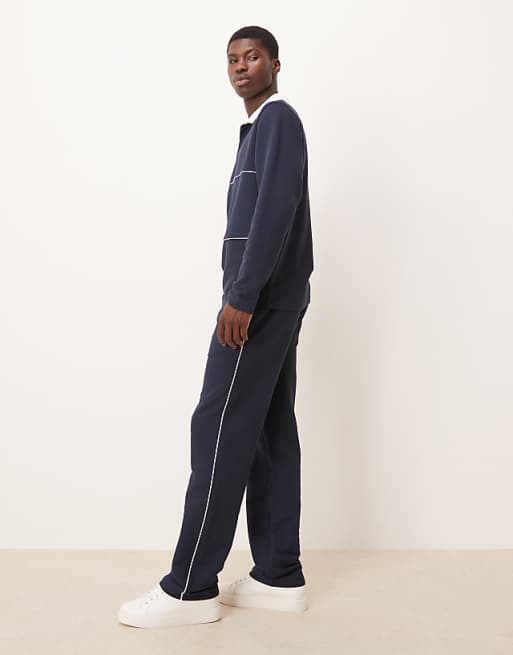 DESIGN Straight Leg Pique Joggers With Side Piping In Navy