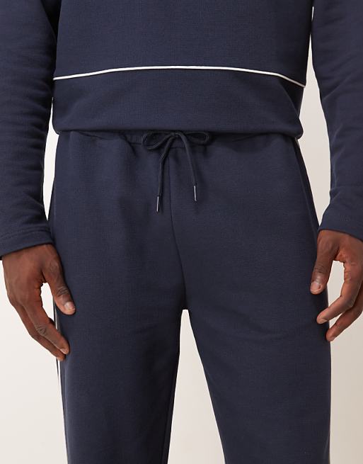 DESIGN Straight Leg Pique Joggers With Side Piping In Navy