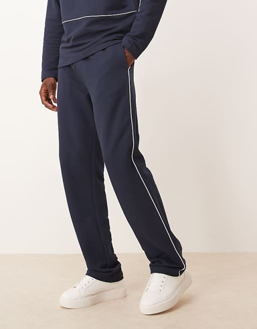 DESIGN straight leg pique joggers with side piping in navy