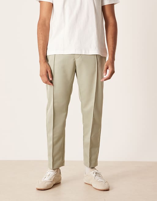 DESIGN straight leg smart cropped trouser with pintuck detail in sage green