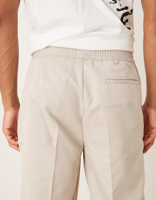 DESIGN Straight Leg Trouser With Elasticated Waist Band And Pintucks In Stone