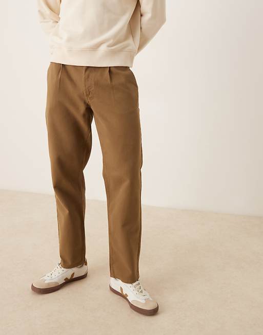 DESIGN Straight Leg Trousers In Khaki With Pleats
