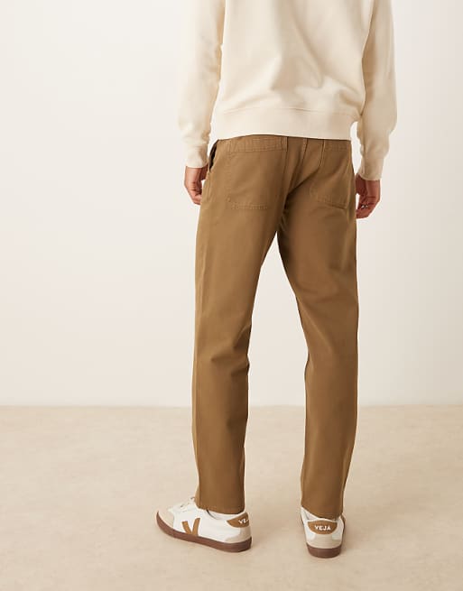 DESIGN Straight Leg Trousers In Khaki With Pleats