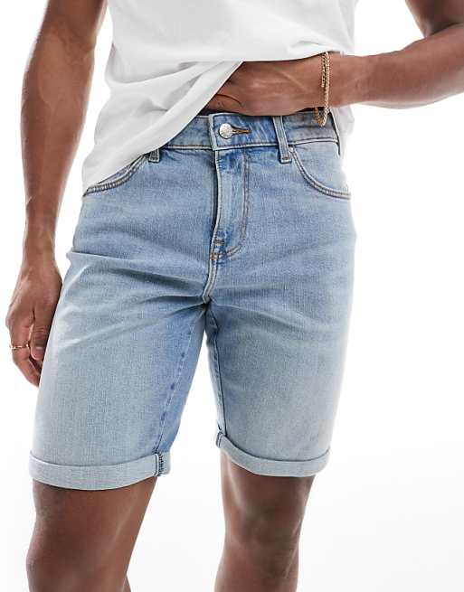 DESIGN Straight Slim Denim Short In Light Wash Blue