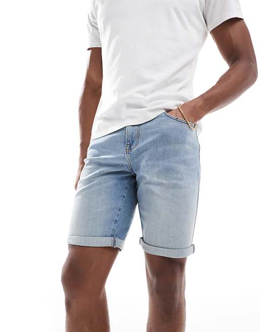DESIGN Straight Slim Denim Short In Light Wash Blue