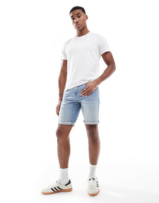 DESIGN straight slim denim short in light wash blue