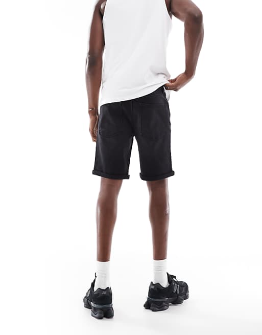 DESIGN Stretch Slim Regular Length Denim Shorts In Washed Black