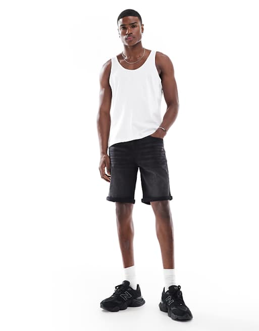 DESIGN stretch slim regular length denim shorts in washed black