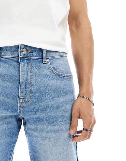 DESIGN Stretch Slim Regular Length Denim Short In Vintage Light Wash Blue