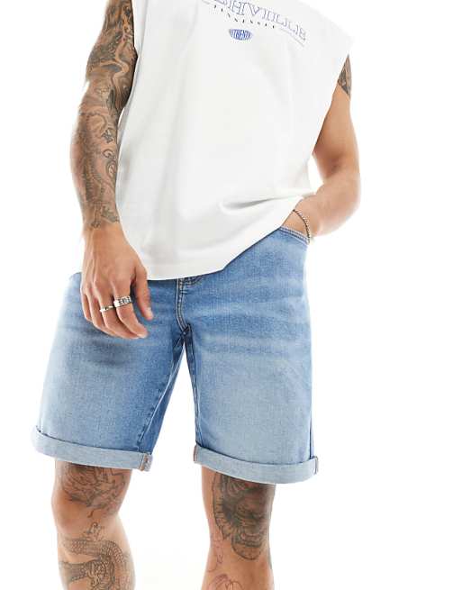 DESIGN Stretch Slim Regular Length Denim Short In Vintage Light Wash Blue