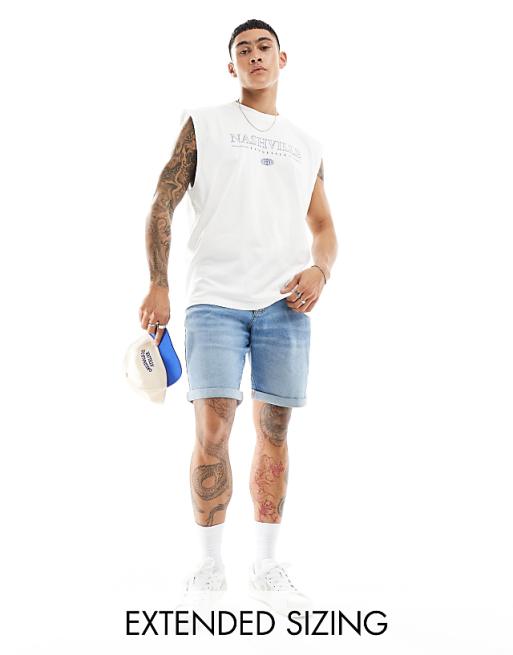DESIGN stretch slim regular length denim short in vintage light wash blue