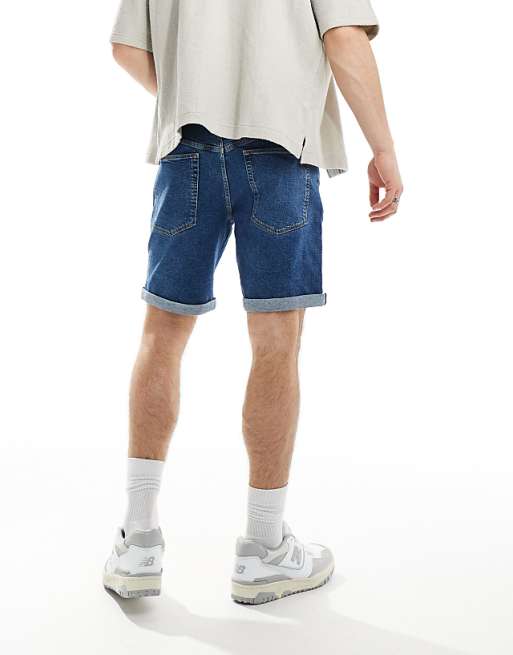 DESIGN Stretch Slim Regular Length Denim Short In Mid Wash Blue