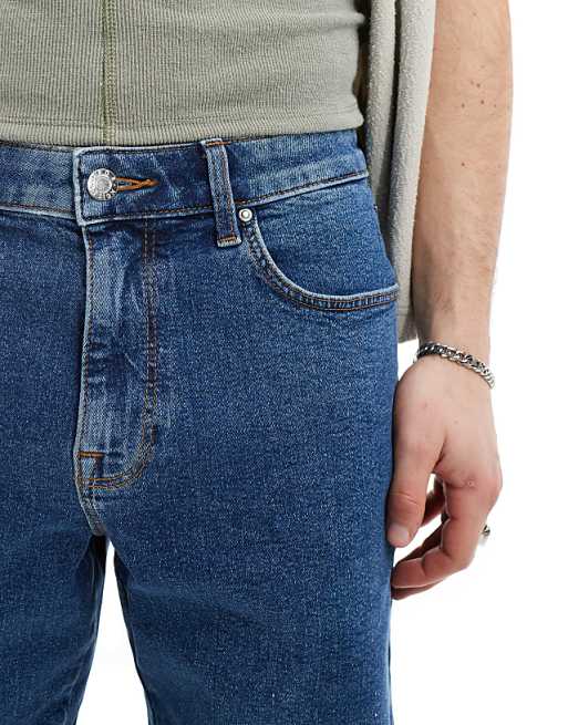 DESIGN Stretch Slim Regular Length Denim Short In Mid Wash Blue