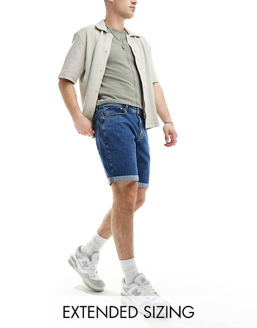 DESIGN stretch slim regular length denim short in mid wash blue