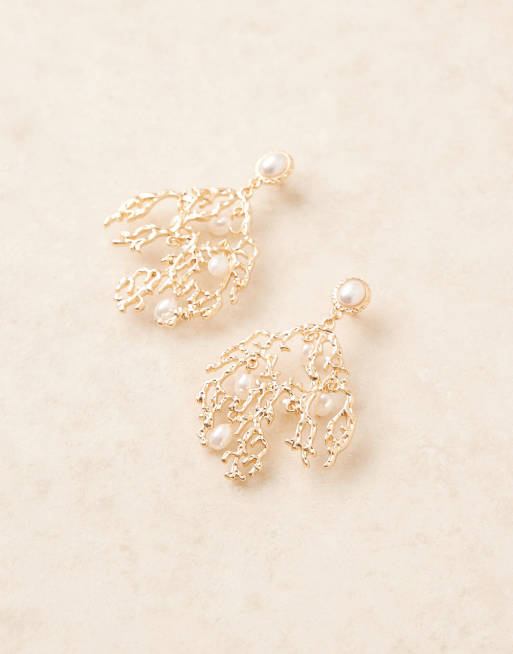 DESIGN Stud Drop Coral Earrings With Faux Pearls In Gold Tone