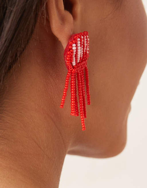 DESIGN Stud Earrings With Beaded Jellyfish Design In Red And Pink