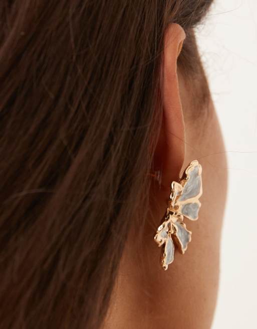 DESIGN Stud Earrings With Blue Floral Design And Gold Tone Details