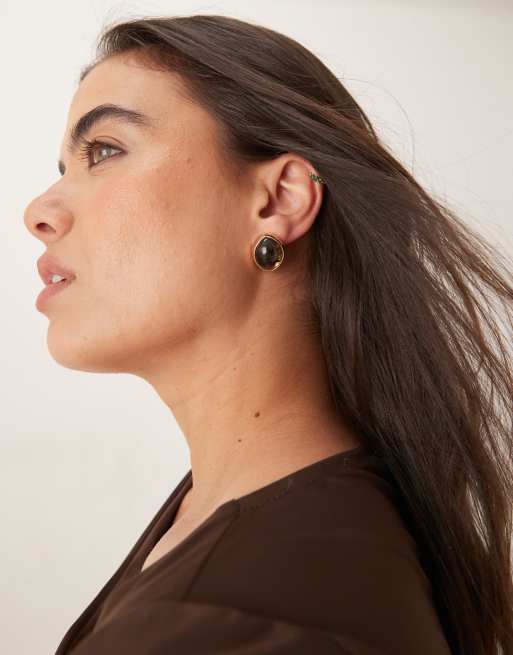 DESIGN Stud Earrings With Chunky Faux Stone In Gold Tone