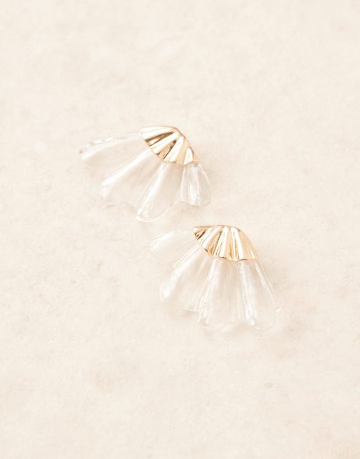 DESIGN Stud Earrings With Clear Resin Fan Design In Gold Tone