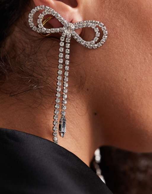 DESIGN Stud Earrings With Diamante Bow Design In Silver Tone