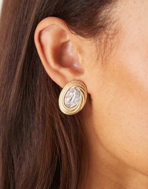 DESIGN Stud Earrings With Diamante Stone In Gold Tone