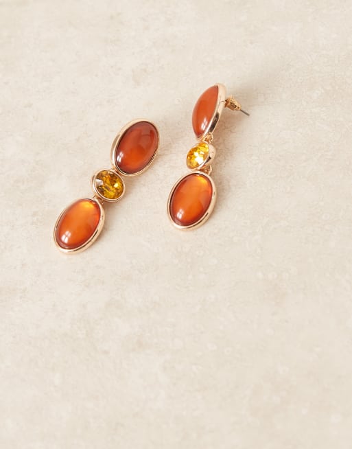 DESIGN Stud Earrings With Faux Stone-set Pendants In Amber Tones